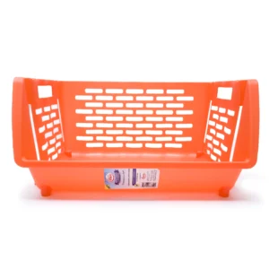 Canasta apilable Wilson naranja con laterales calados y etiqueta al frente.