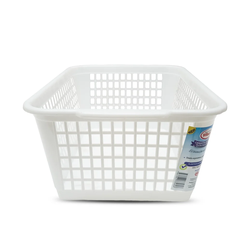 Canasta mediana rectangular blanca Wilson con diseño calado de rejilla y etiqueta lateral visible.