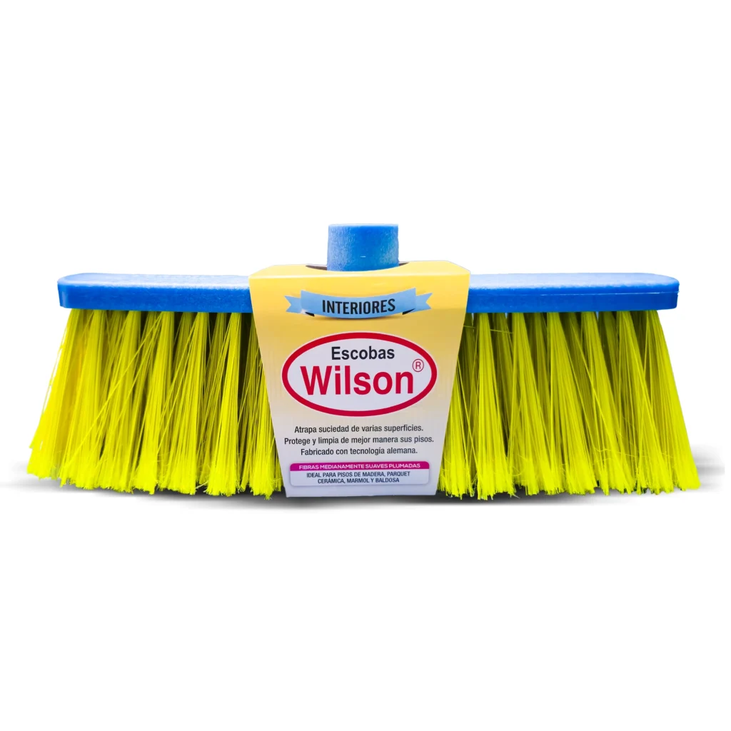 Escoba para interiores con etiqueta descriptiva